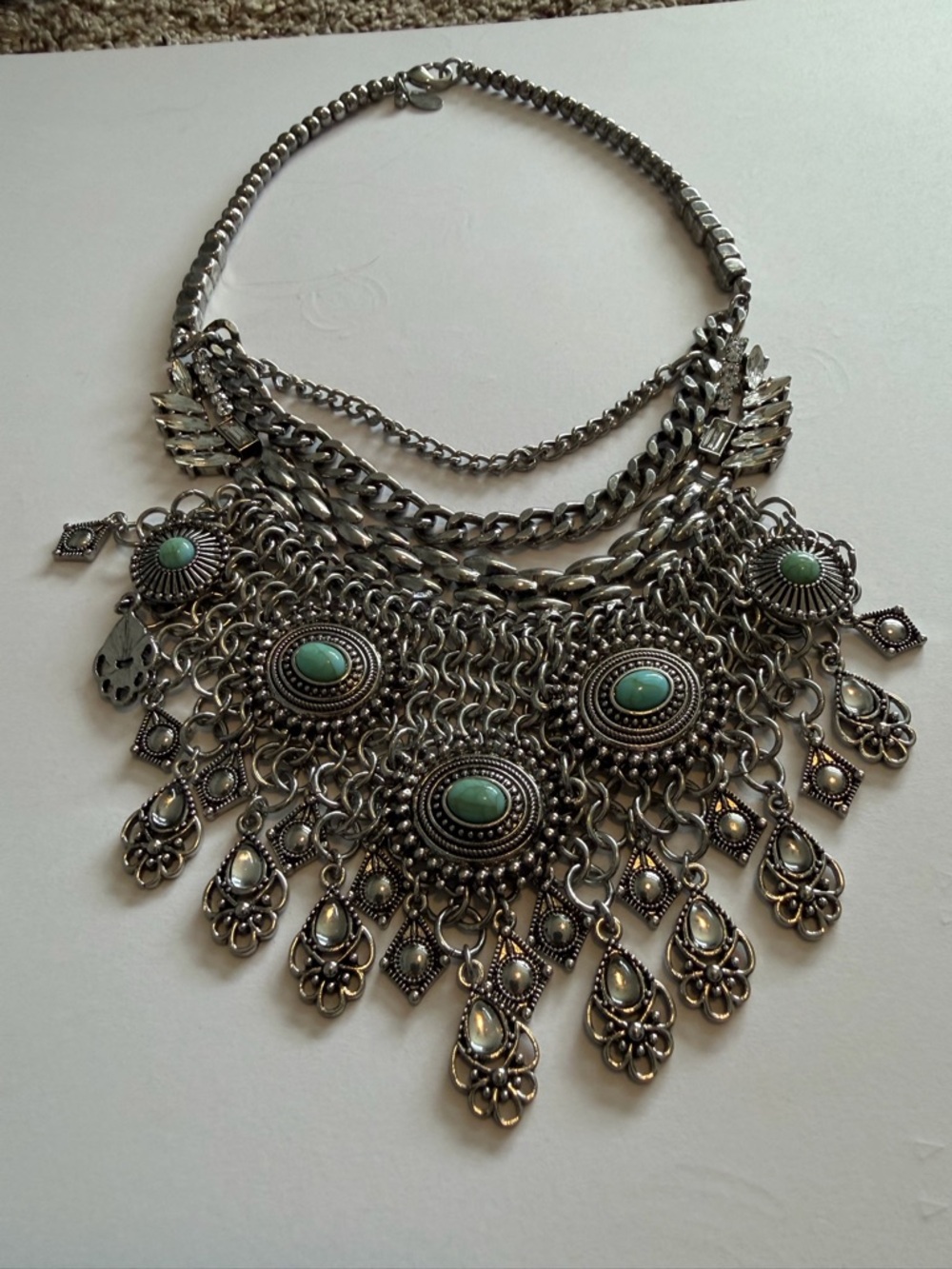 Bohemian Silver-Tone Statement Necklace with Turquoise Cabochons